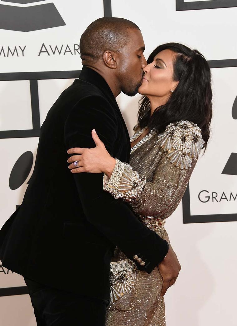 Kim Kardashian accessorised her Jean Paul Gaultier gown with stunning Lorraine Schwartz diamond studs and a statement Lorraine Schwartz ring, as she supported husband Kanye West at the 57th Grammy Awards in Los Angeles.